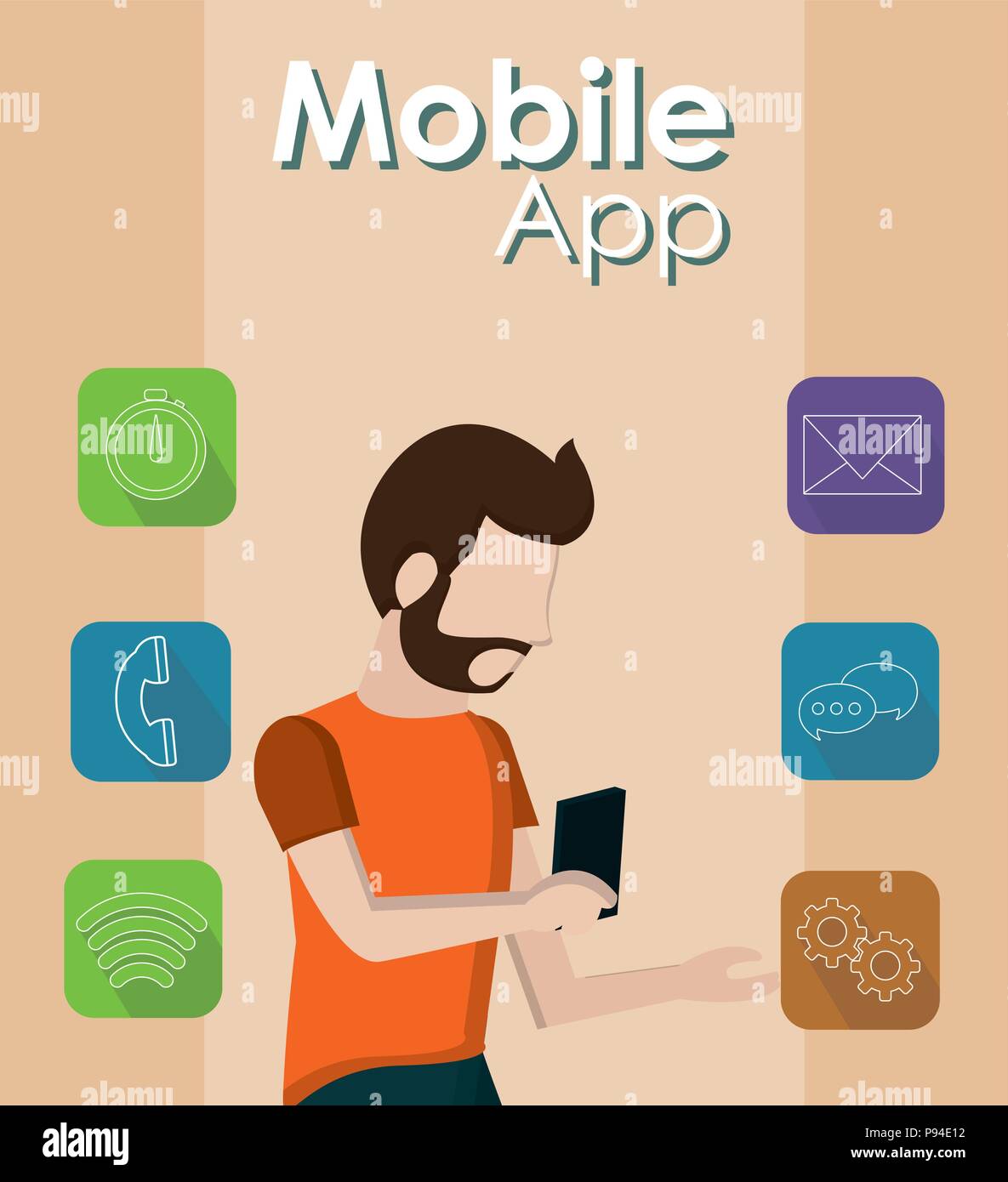 Young man using smartphone mobile apps vector illustration graphic ...