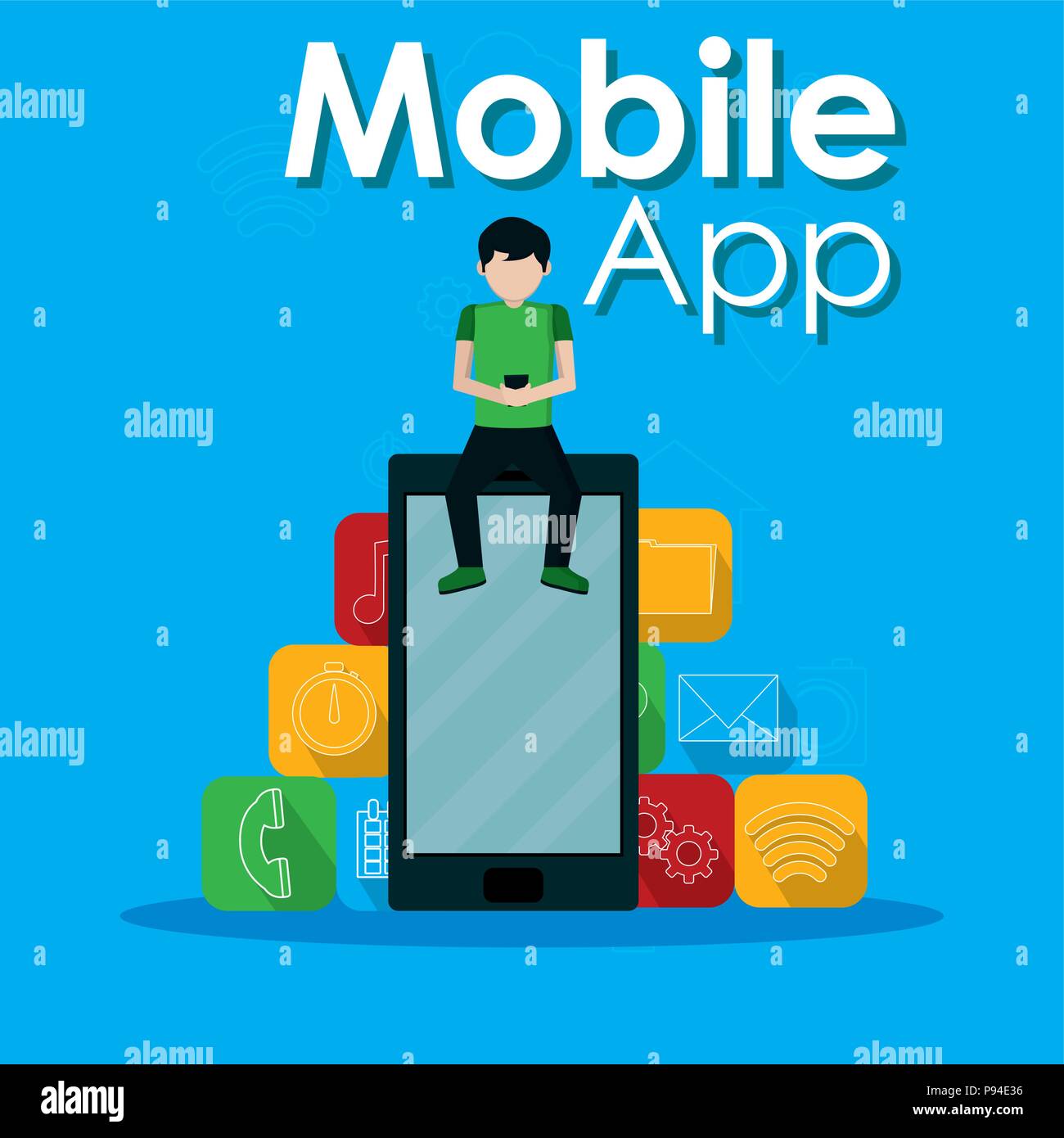 Young man seated on smartphone using mobile apps vector illustration ...