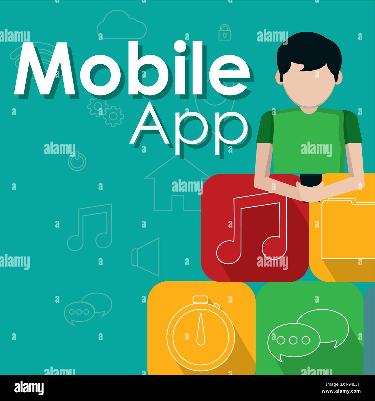 Young man using smartphone mobile apps vector illustration graphic ...