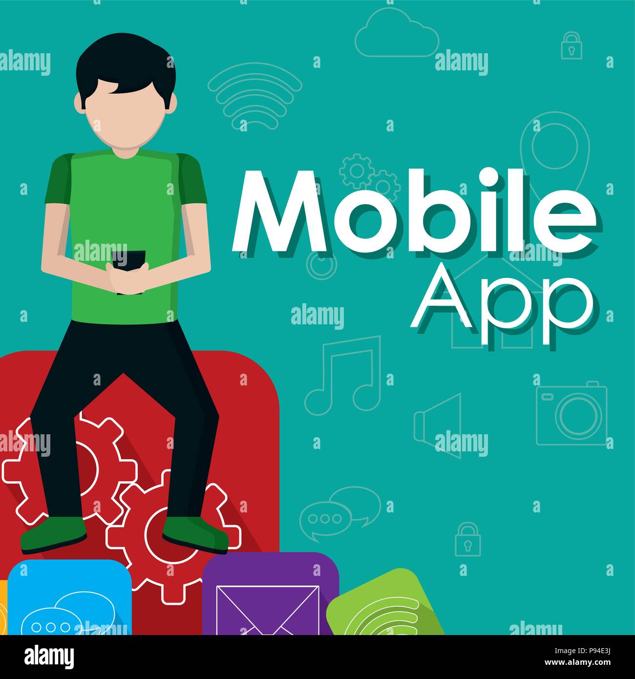 Young man seated and using smartphone mobile apps vector illustration ...