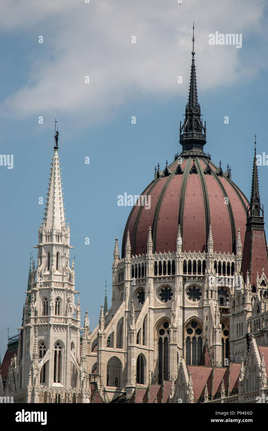 A view of the Hungarian Parliament Building situated in Lajos Kossuth Square on the banks of the Danube in Budapest. Stock Photo