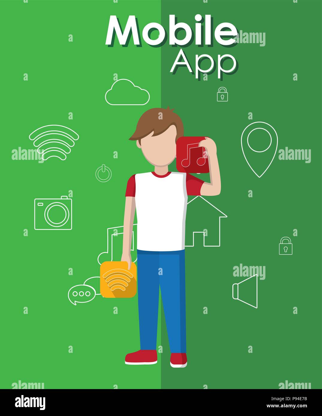 Man Using Mobile App Young man using mobile apps vector illustration graphic design Stock ...