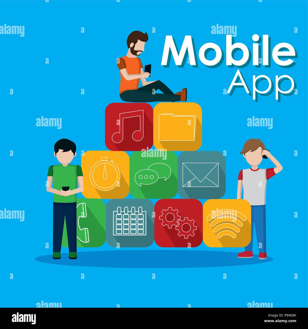 Young mens using smartphones mobile apps vector illustration graphic ...