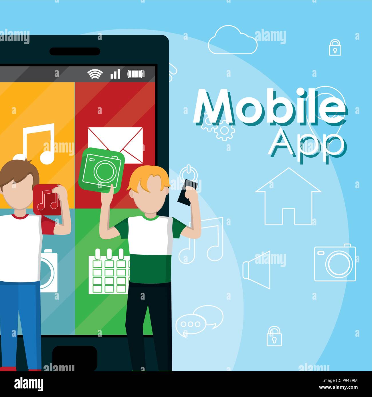 Young mens using smartphones mobile apps vector illustration graphic ...