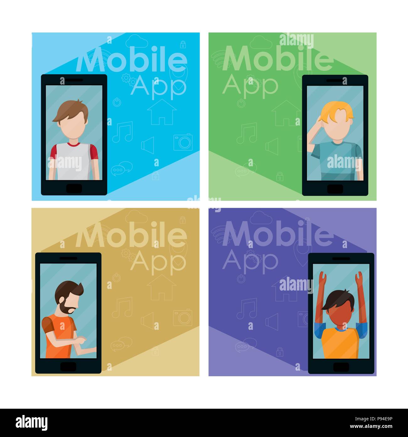 Set of young mens using mobile app cards vector illustration graphic ...