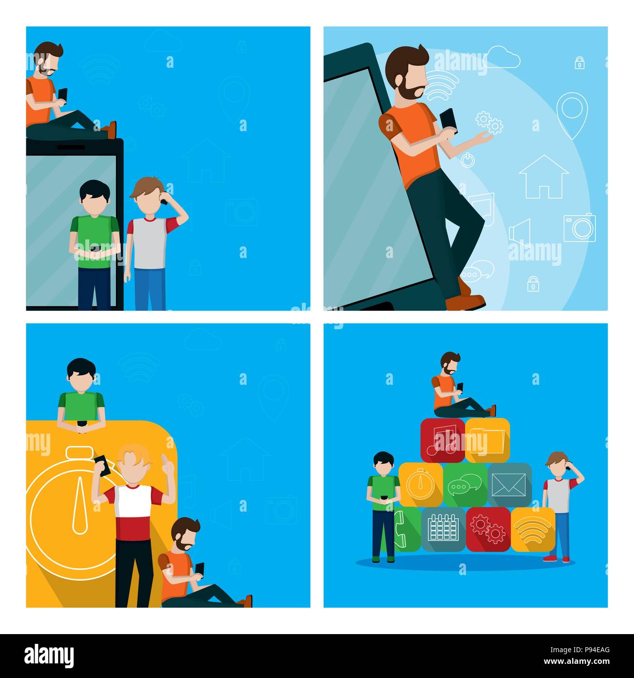 Set of young mens using mobile app cards vector illustration graphic ...