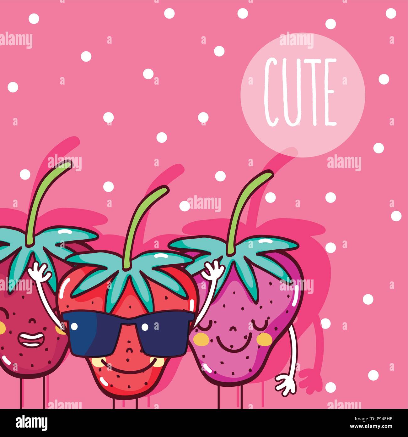 Cute and funny strawberries friends fruits cartoons vector illustration ...