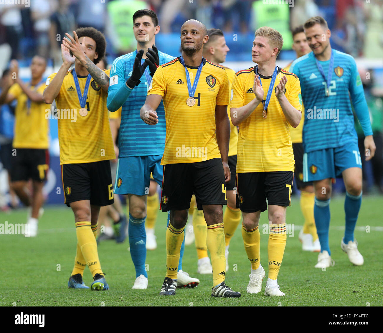Left To Right Belgium S Axel Witsel Thibaut Courtois Vincent Kompany And Kevin De Bruyne Celebrate With Their Medals After The Fifa World Cup Third Place Play Off Match At Saint Petersburg Stadium Stock