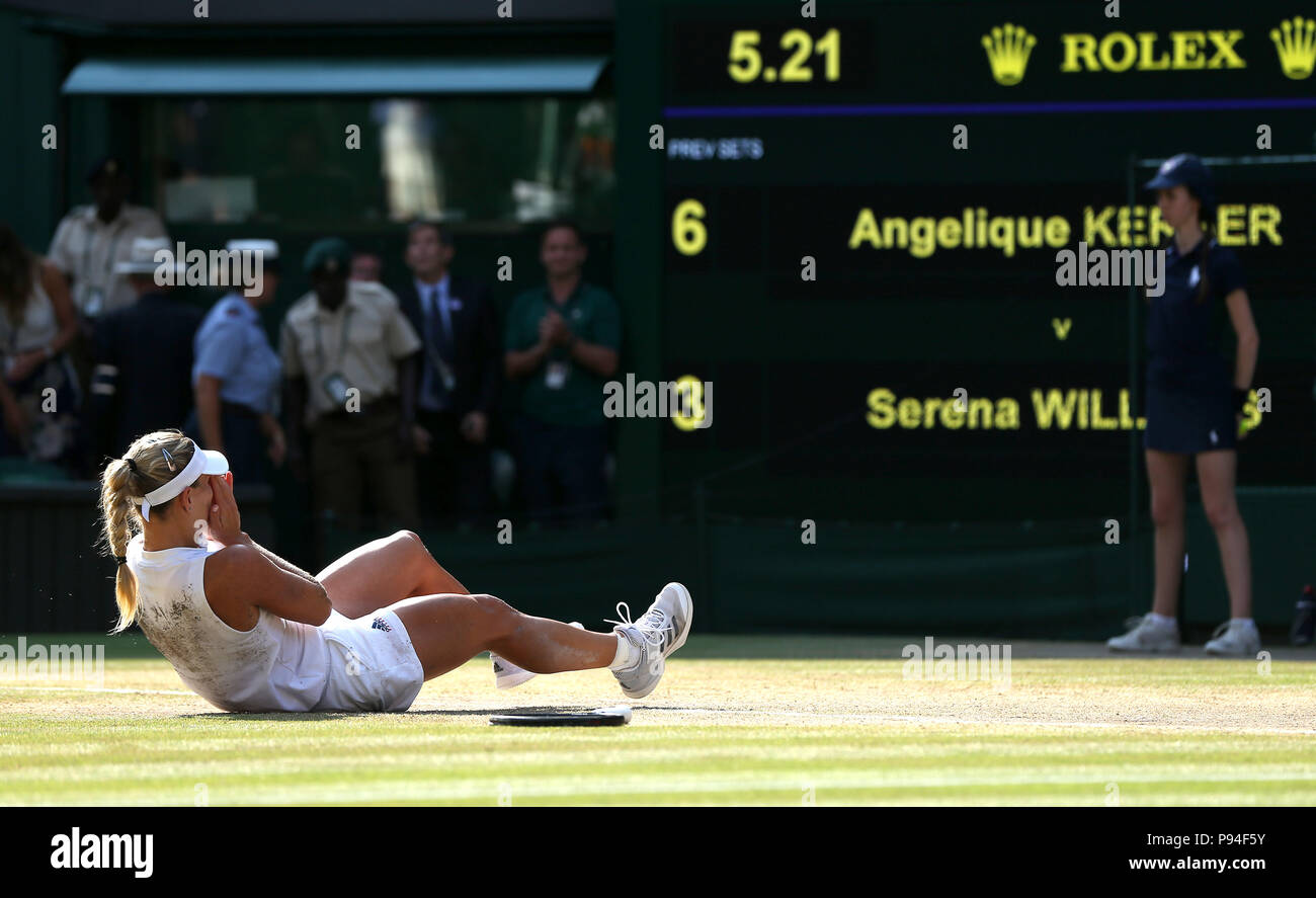 Angelique Kerber celebrates winning the Ladies' Singles Final against Serena Williams on day twelve of the Wimbledon Championships at the All England Lawn Tennis and Croquet Club, Wimbledon. PRESS ASSOCIATION Photo. Picture date: Saturday July 14, 2018. See PA story TENNIS Wimbledon. Photo credit should read: Jonathan Brady/PA Wire. Stock Photo