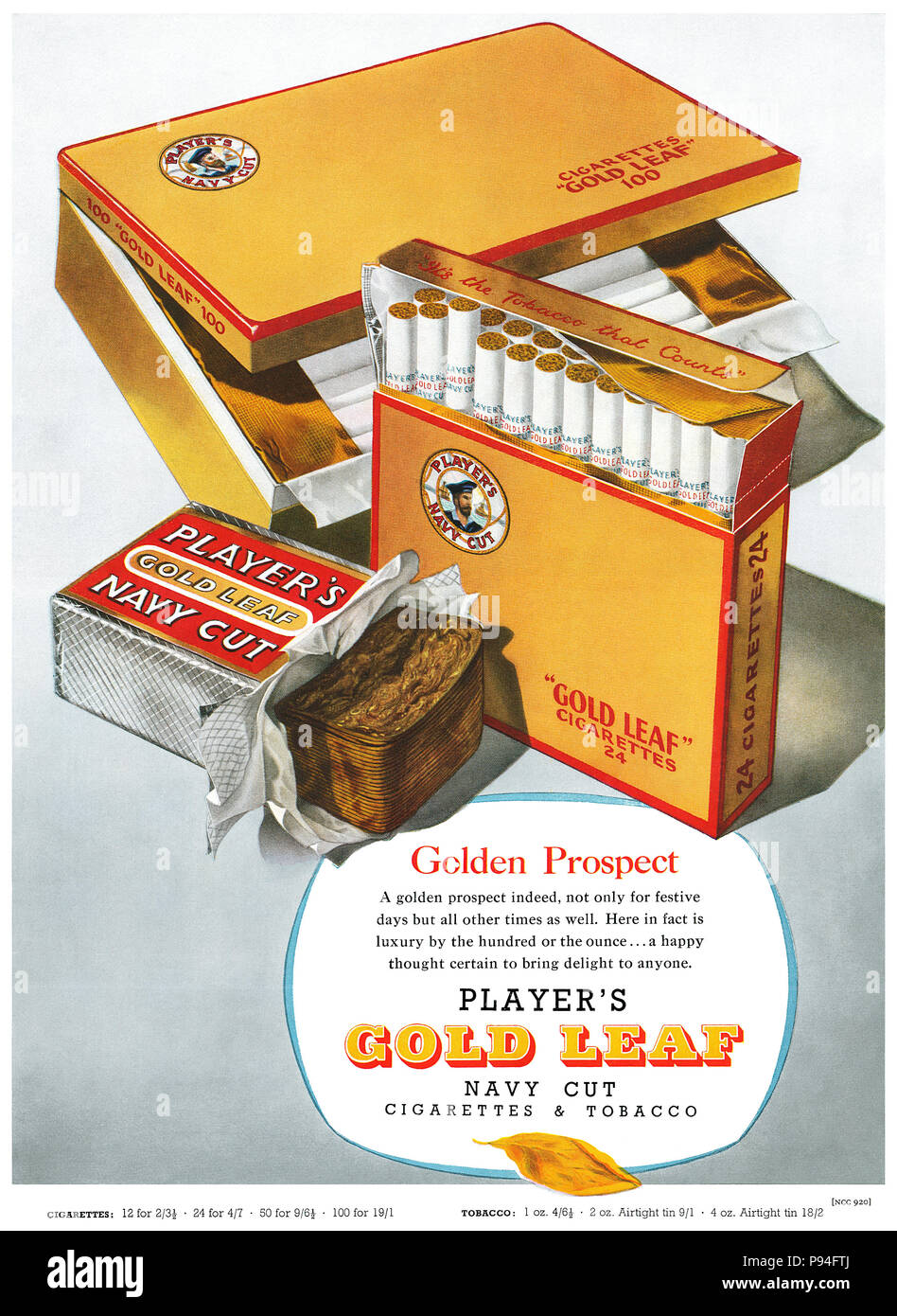 1955 British advertisement for Player's Gold Leaf Navy Cut cigarettes and tobacco. Stock Photo