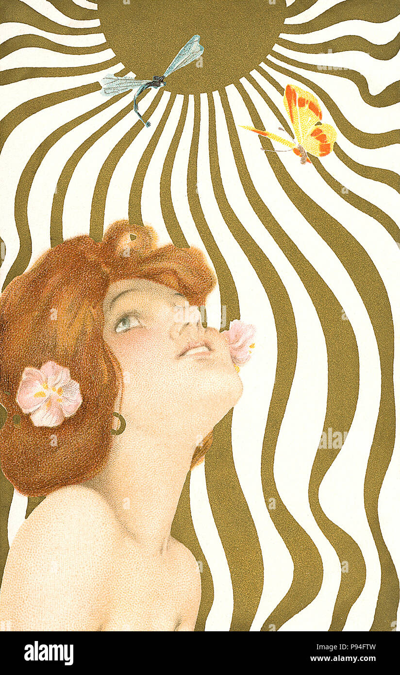 Vintage art nouveau postcard by Raphael Kirchner. Stock Photo