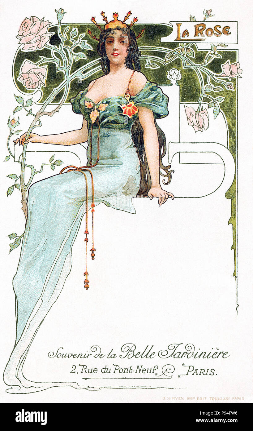 Vintage art nouveau postcard advertising La Belle Jardinière in Paris