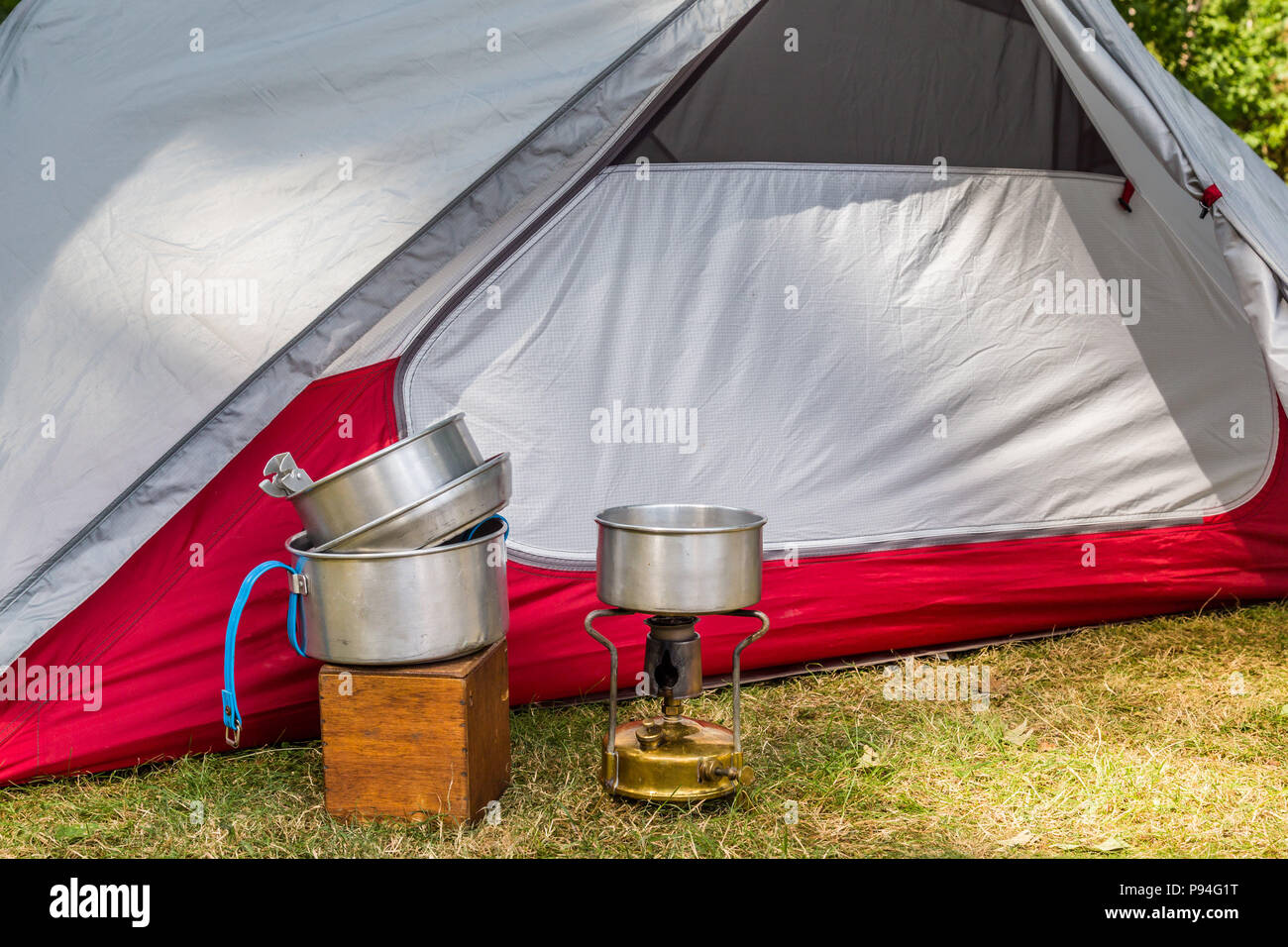 Cooking equipment on a campsite Stock Photo Alamy