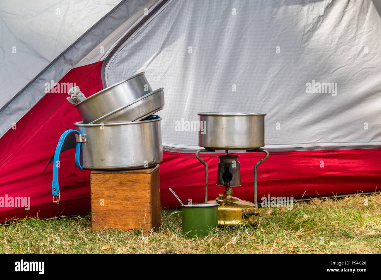 Cooking equipment on a campsite Stock Photo Alamy