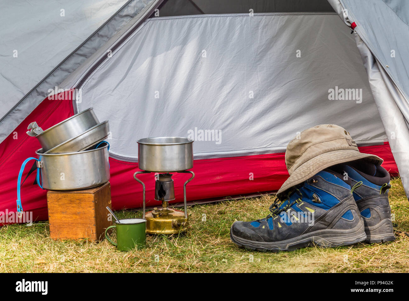Cooking equipment on a campsite Stock Photo Alamy