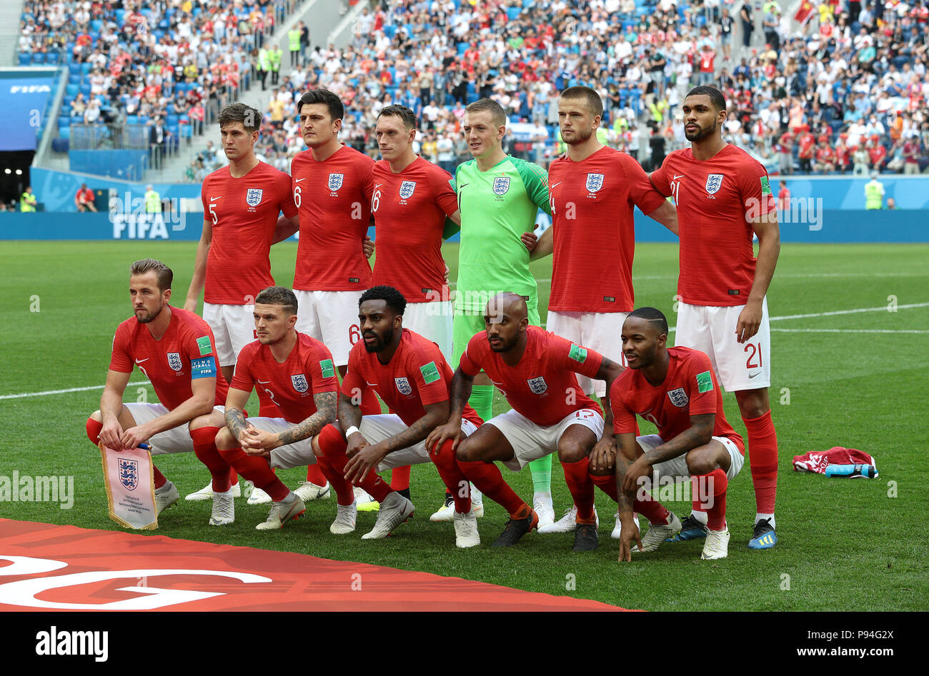 Back row, left to right, England's John Stones, Harry Maguire, Phil Jones, Jordan Pickford, Eric Dier and Ruben Loftus-Cheek. Front row, left to right, England's Harry Kane, Kieran Trippier, Danny Rose, Fabian Delph and Raheem Sterling line up before the FIFA World Cup third place play-off match at Saint Petersburg Stadium. PRESS ASSOCIATION Photo. Picture date: Saturday July 14, 2018. See PA story WORLDCUP Belgium. Photo credit should read: Aaron Chown/PA Wire. RESTRICTIONS: Editorial use only. No commercial use. No use with any unofficial 3rd party logos. No manipulation of images. No video  Stock Photo