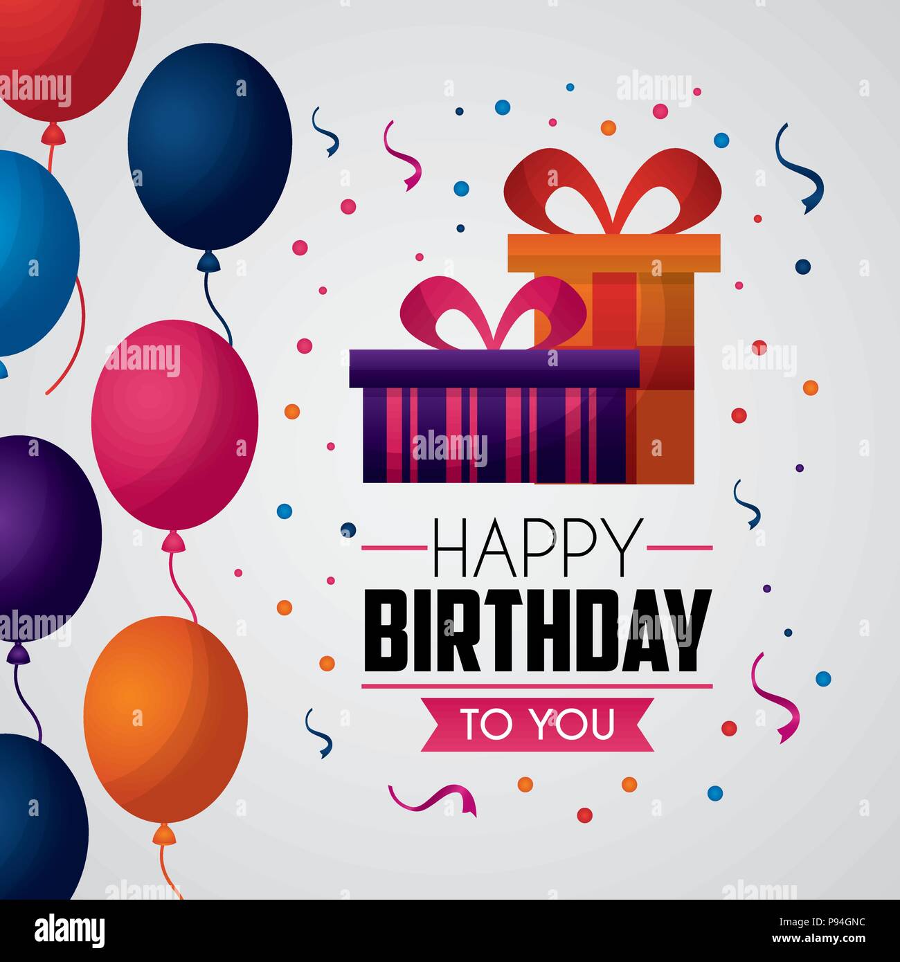 happy birthday card balloons serpentines ribbon sign gift boxes vector ...