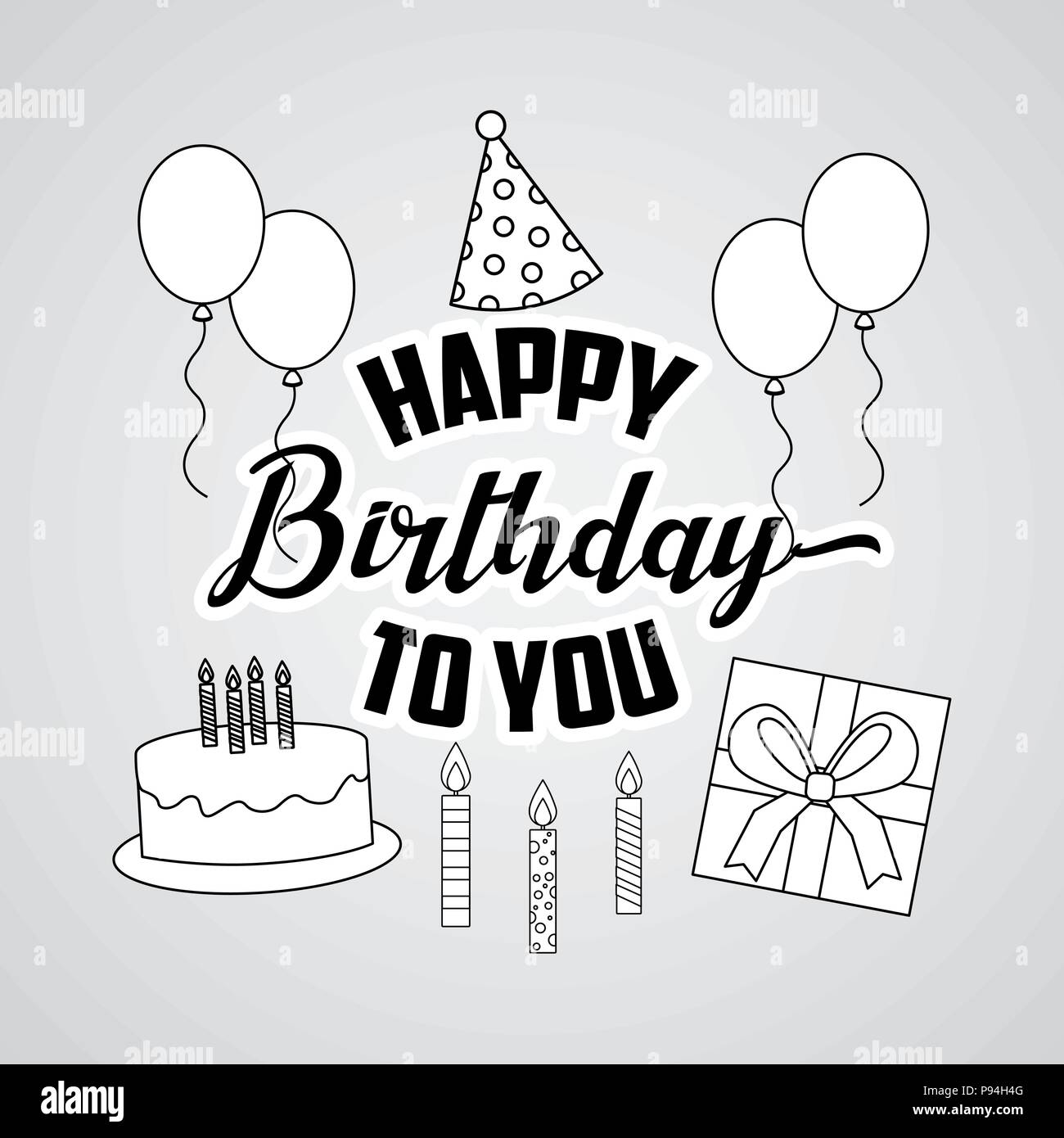 happy birthday card draw sign cake candless balloons hat party gift box vector illustration ...