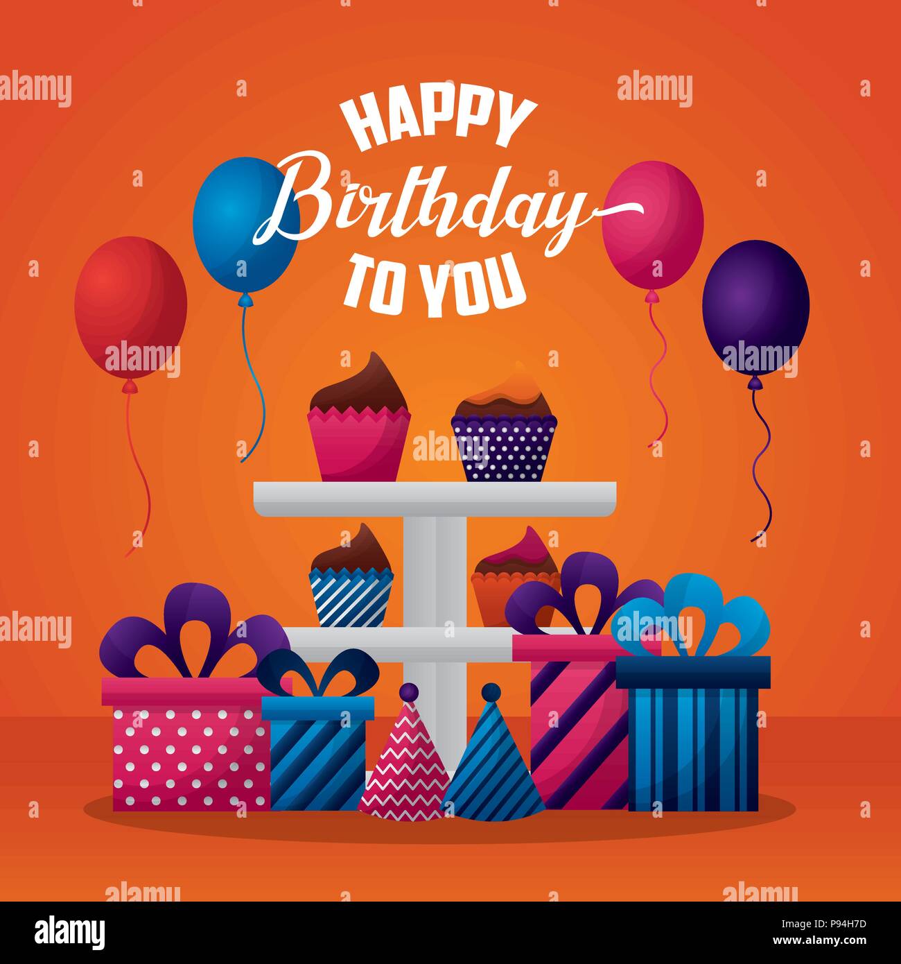 happy birthday card balloons base with cakes hats gifts vector ...