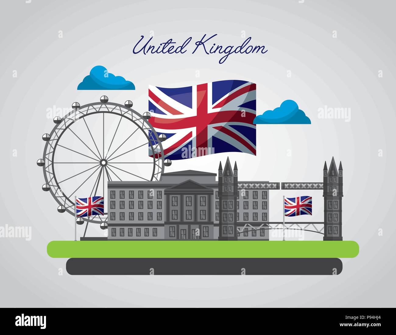 united kingdom country flag clouds wheel london brigde vector ...
