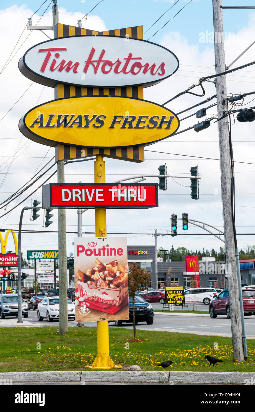 Roadside advertising for a drive through branch of Tim Horton's on Airport Boulevard in Gander, Newfoundland. Stock Photo