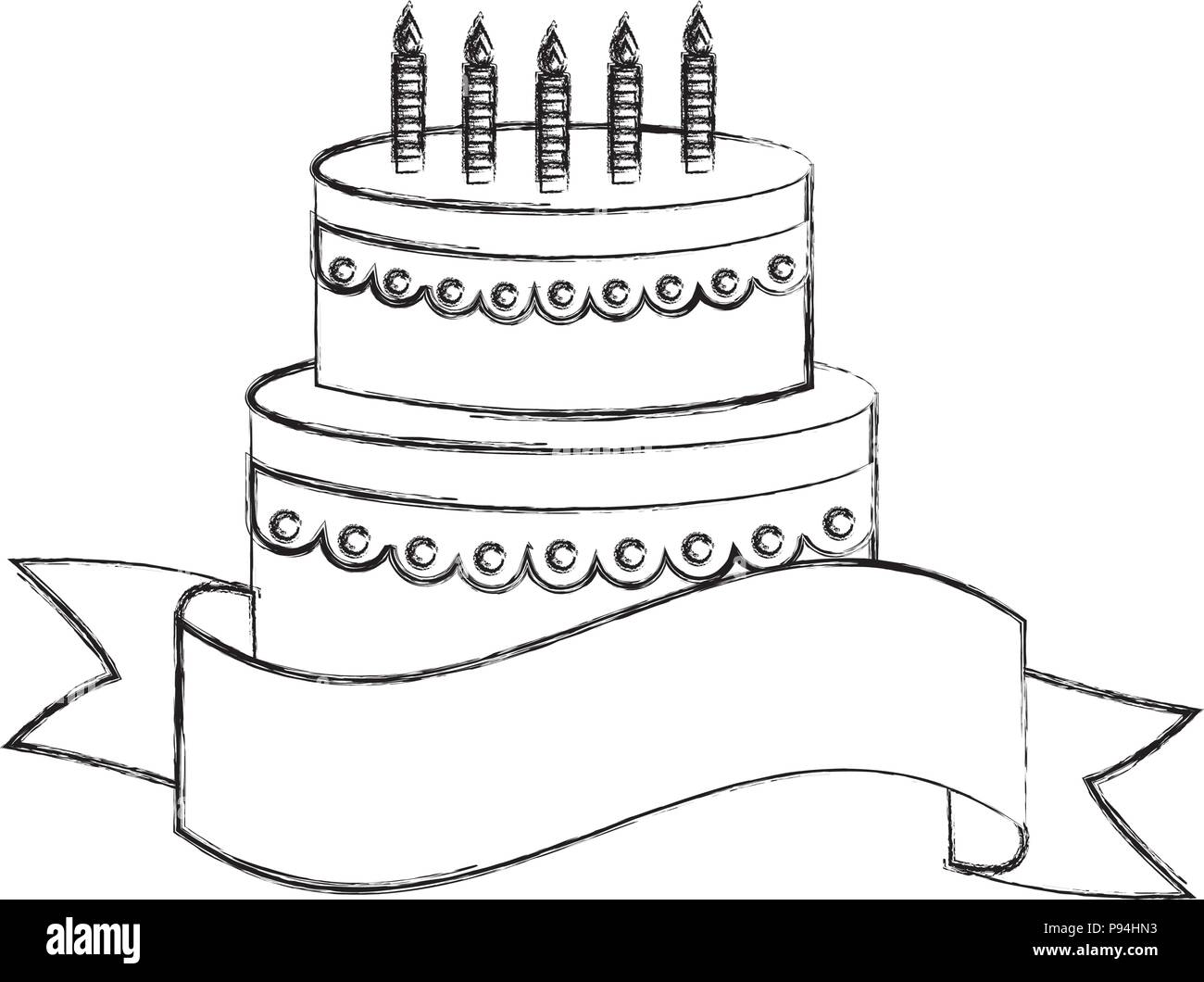Tasty Birthday Cake With Candles And Decorative Ribbon Vector