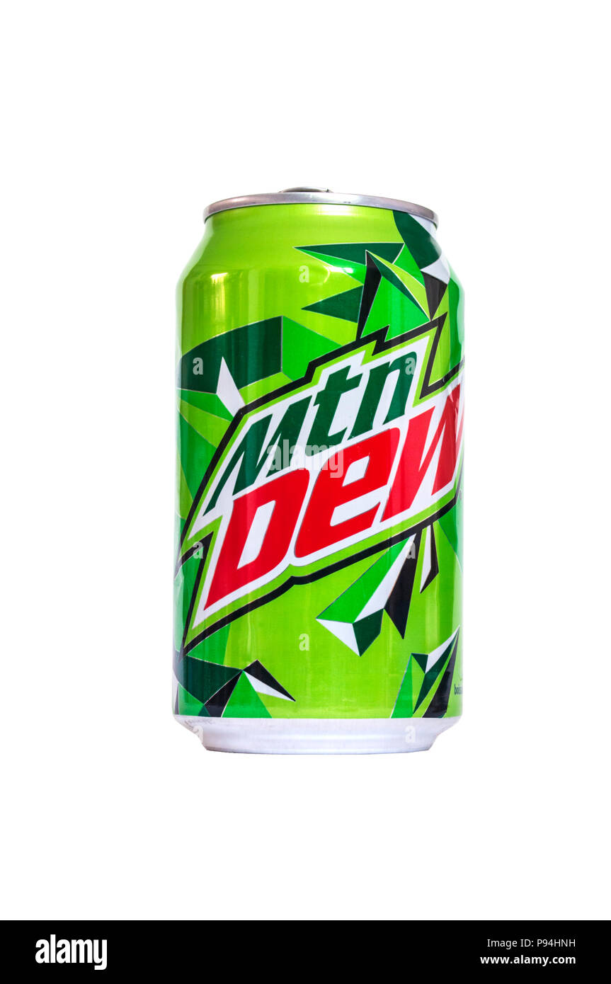 A can of Mtn Dew, or Mountain Dew, a citrus soft drink made by PepsiCo in the United States Stock Photo