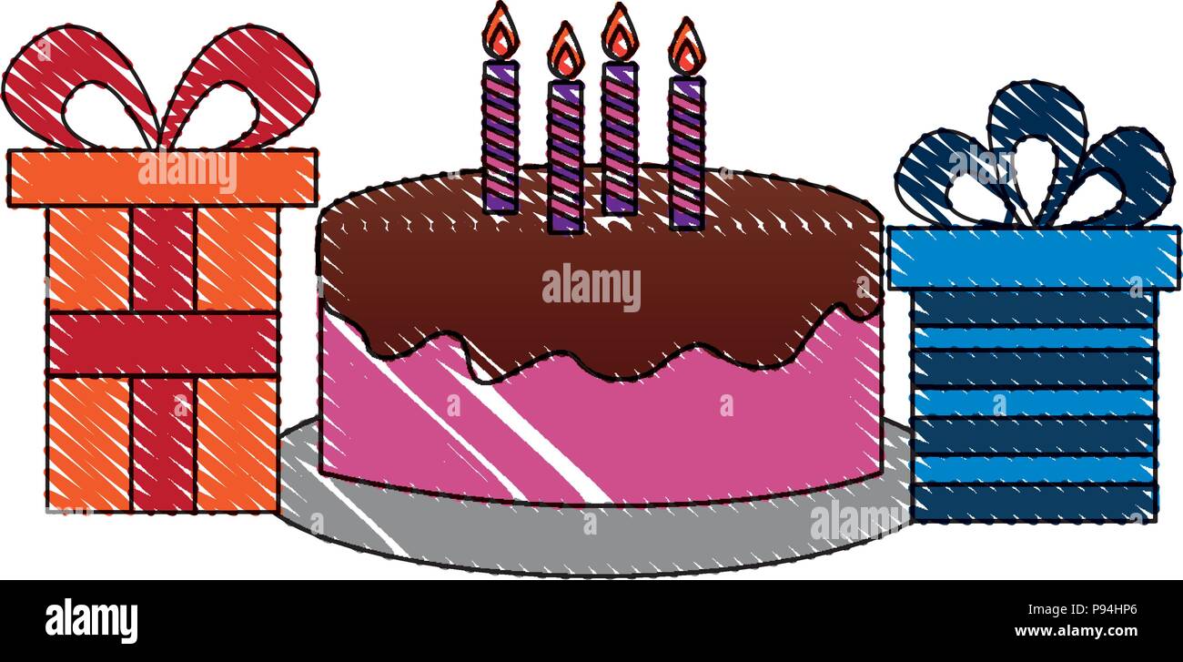 birthday cake with candles and gift boxes celebration vector