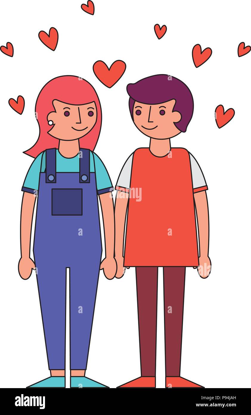 couple romantic holding hands and hearts love vector illustration Stock ...