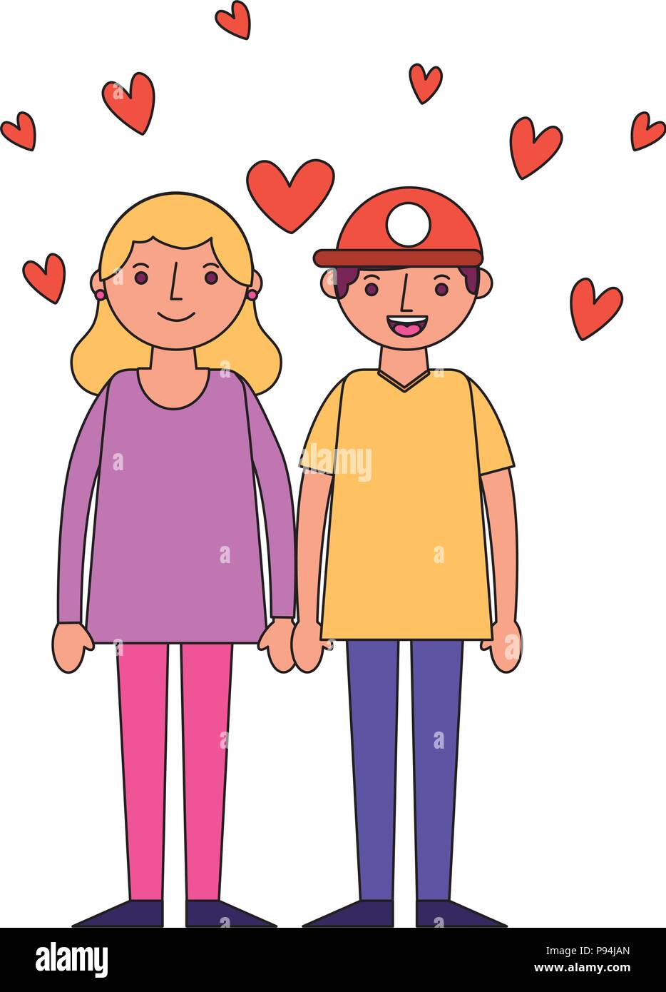 couple romantic holding hands and hearts love vector illustration Stock ...