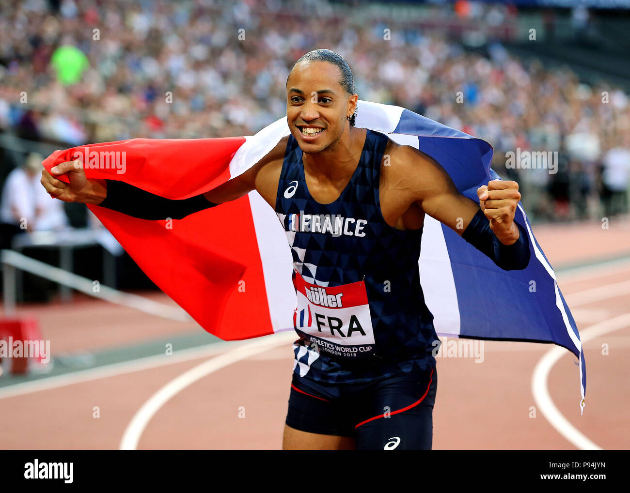 Pascal Martinot Lagarde Of France Celebrates Winning The 110m Hurdles During Day One Of The Athletics World Cup At The Queen Elizabeth Stadium London Stock Photo Alamy
