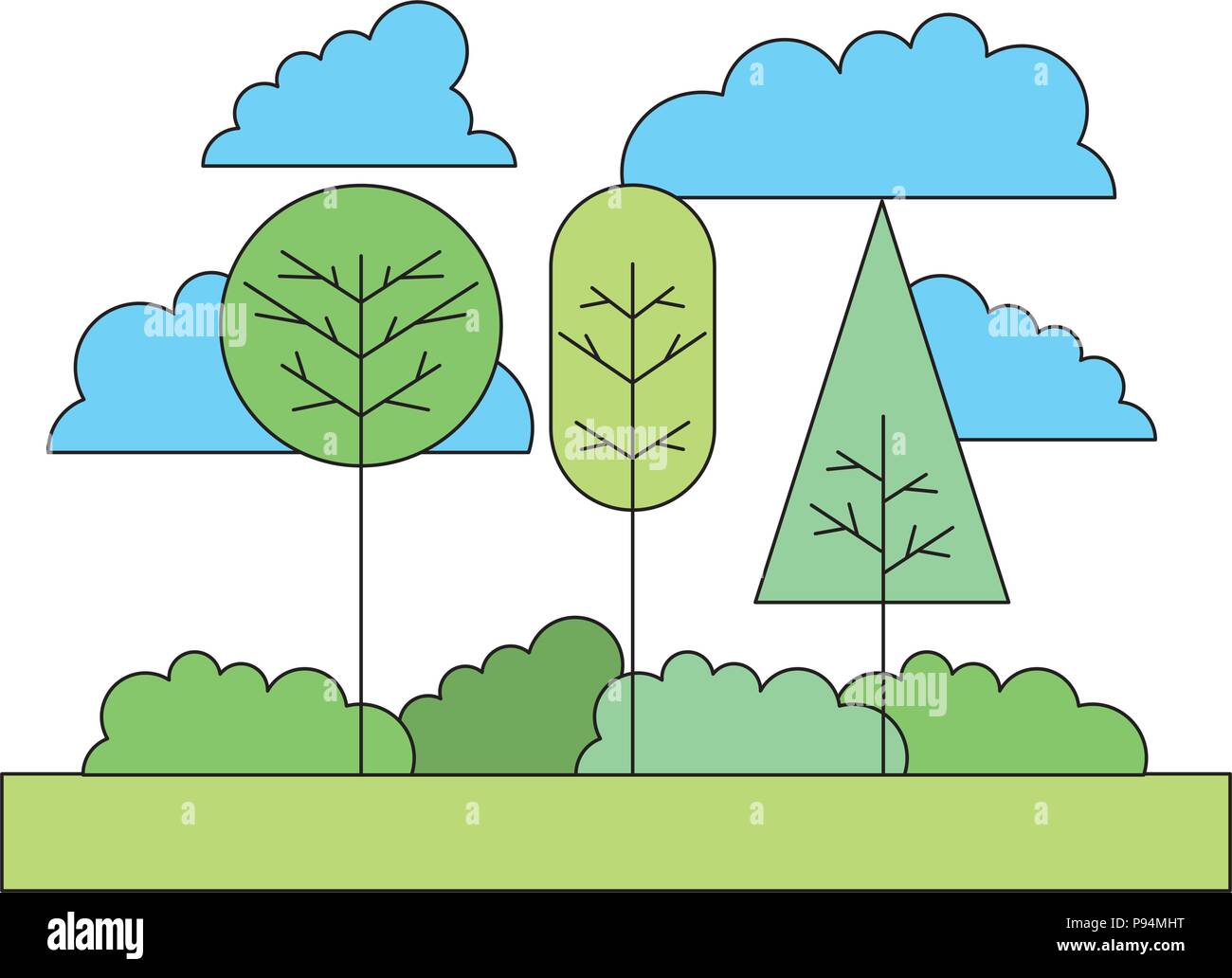 natural landscape forest trees bushes and sky vector illustration Stock ...