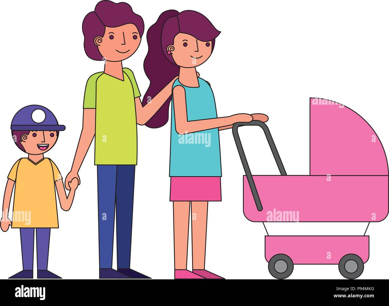 Family Mom Dad And Son With Baby Stroller Vector Illustration Stock Vector Image Art Alamy