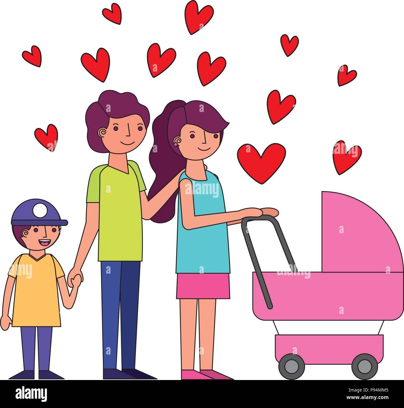 Mom Dad And Son With Baby Stroller Hearts Love Vector Illustration Stock Vector Image Art Alamy