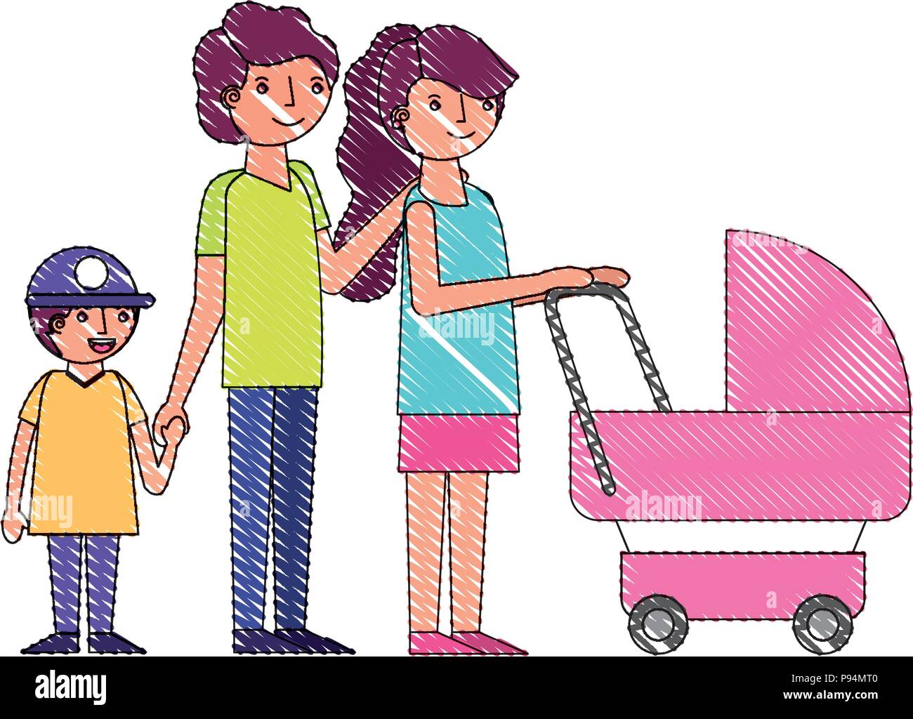 Family Mom Dad And Son With Baby Stroller Vector Illustration Drawing Stock Vector Image Art Alamy
