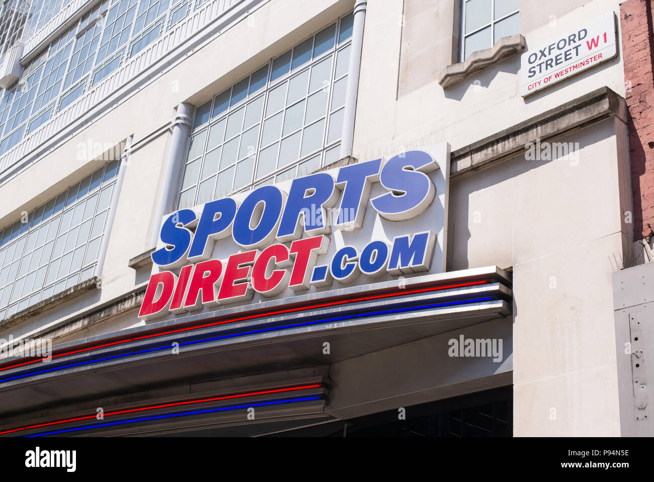 Oxford street, London, UK. 10th June 2018. Sport Direct.com store in Oxford street, sign at the main entrance of the mega store. Stock Photo