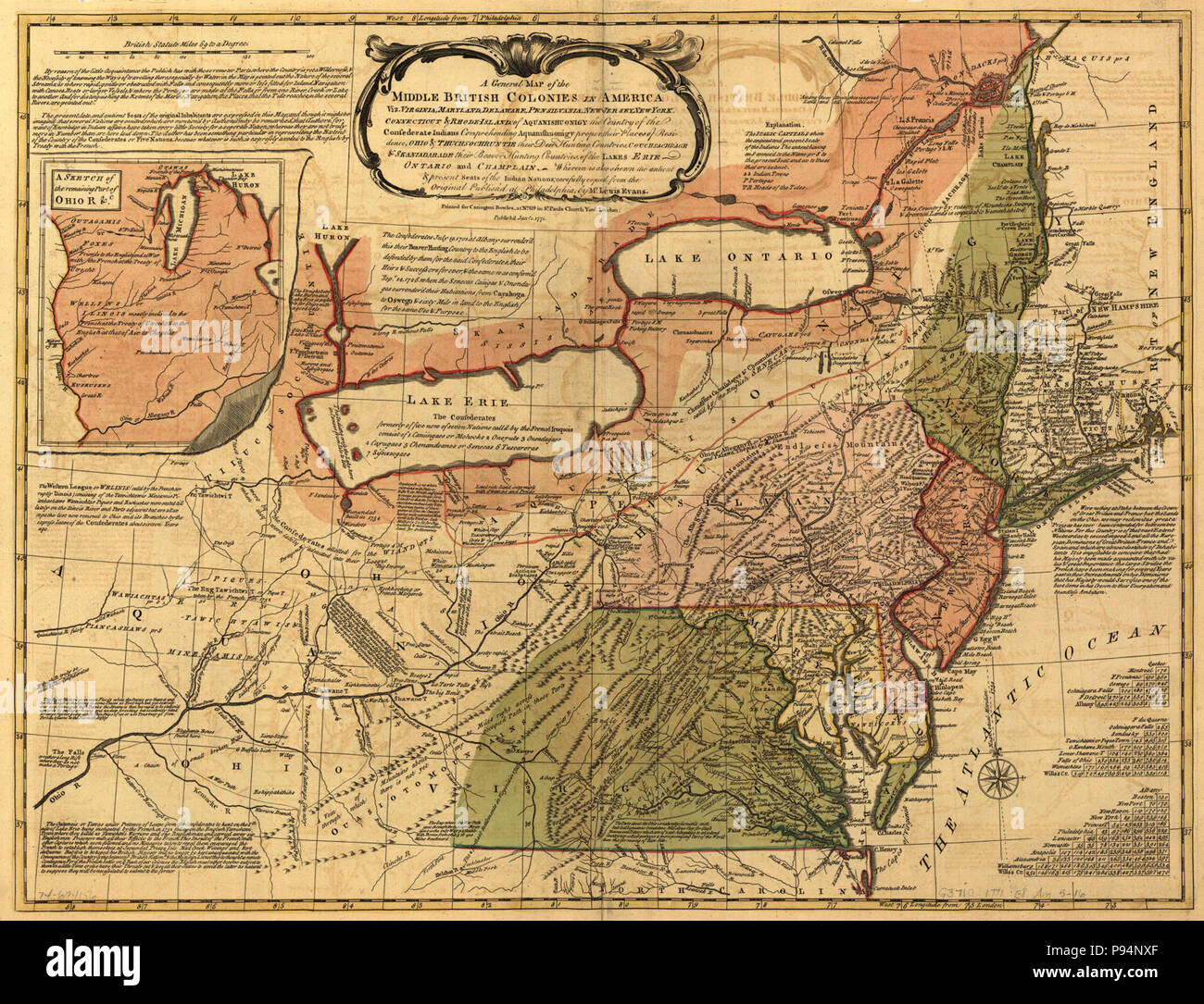 A general map of the middle British colonies in America, viz. Virginia, Maryland, Delaware, Pensilvania, New-Jersey, New York, Connecticut & Rhode-Island- Of Aquanishuonigy the country of the Stock Photo