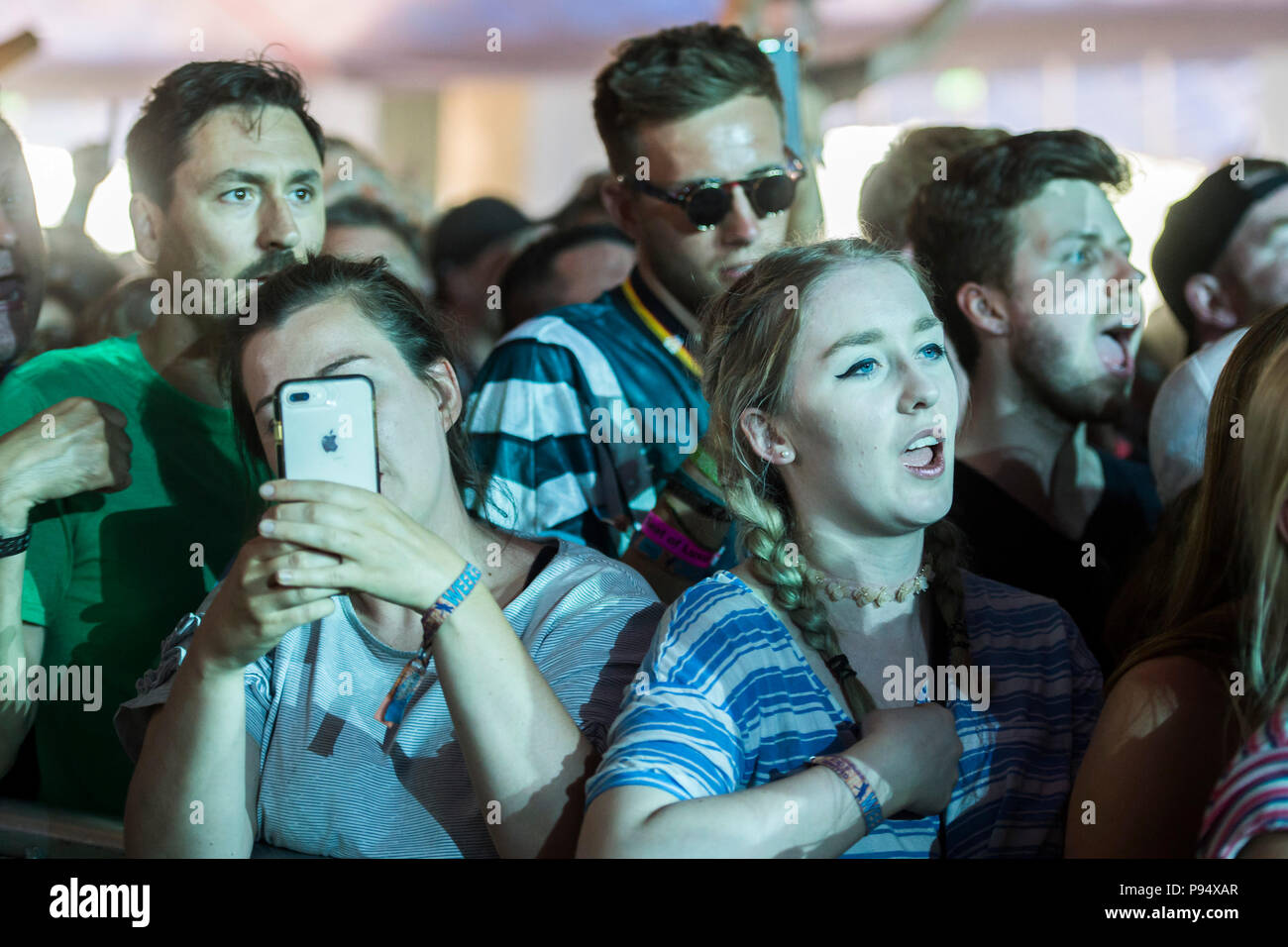 Suffolk, UK, 14 July 2018. Liam Gallagher, fronting the Latitude secret act in a packed BBC arena and to a very happy crowd - The 2018 Latitude Festival, Henham Park. Suffolk 14 July 2018 Credit: Guy Bell/Alamy Live NewsCredit: Guy Bell/Alamy Live News Stock Photo