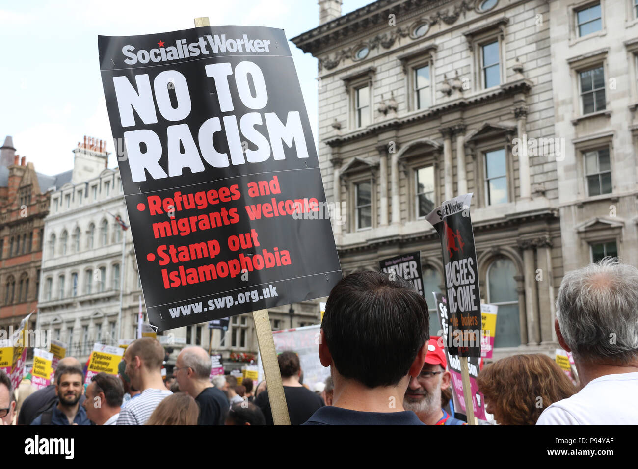 London, England. 14th July 2018. Socialist Workers Party supporters, Antifa and other far-left extremists held a protest in central London to oppose another protest in support of English patriot and journalist Tommy Robinson who was arrested for ‘breaching the peace’ for reporting on a Muslim child grooming case outside court. These charges were later changed and he was sent to prison for 13 months in a case, which many believe to be politically motivated.  Credit: Rich Credit: Richard Milnes/Alamy Live News Stock Photo