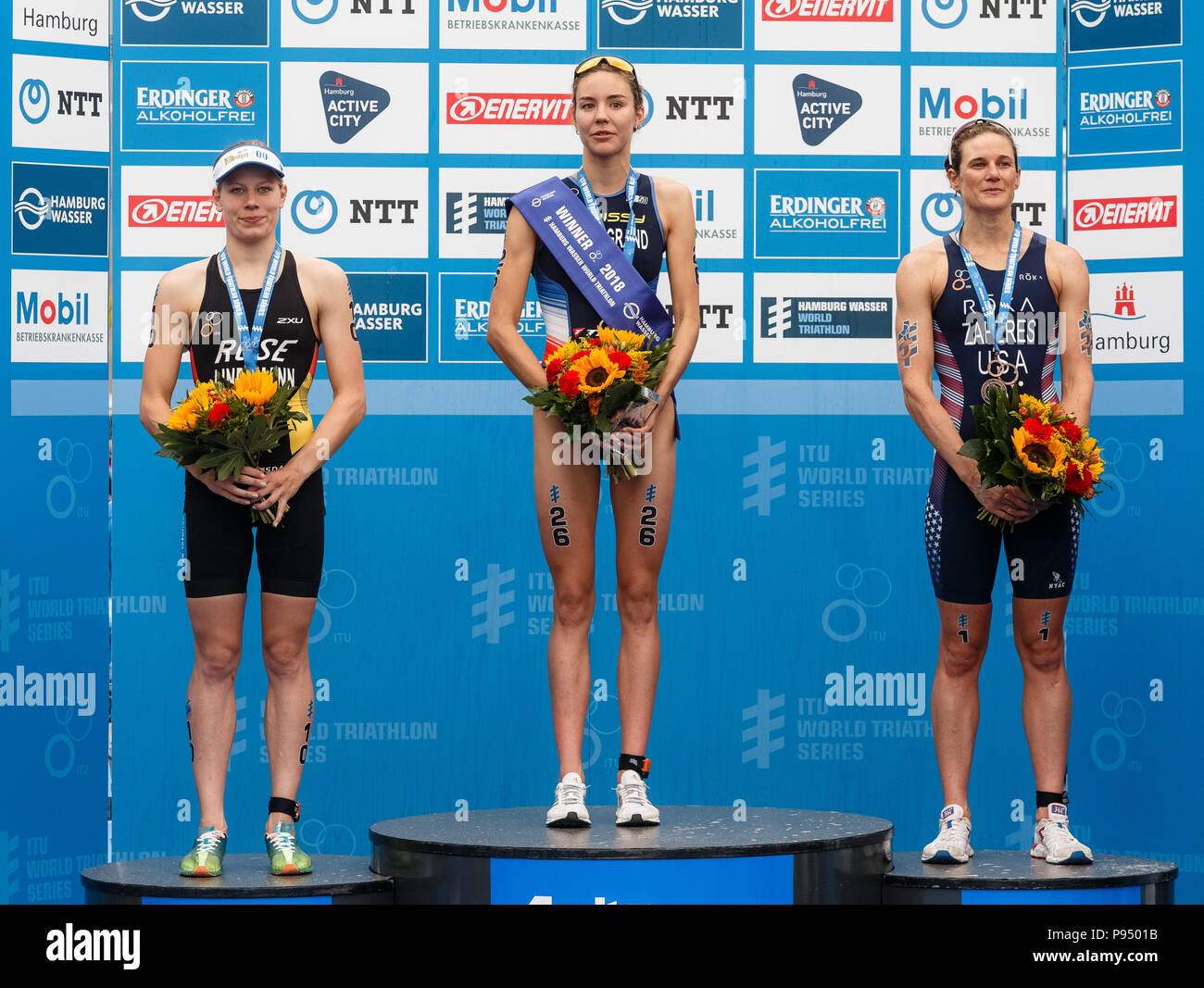 Hamburg Germany 14th July 2018 Cassandre Beaugrand Of France C Winner Of The Women S Triathlon In Hamburg Standing On The Podium With Laura Lindemann L 2nd Of Germany And Katie Zaferes R 3rd