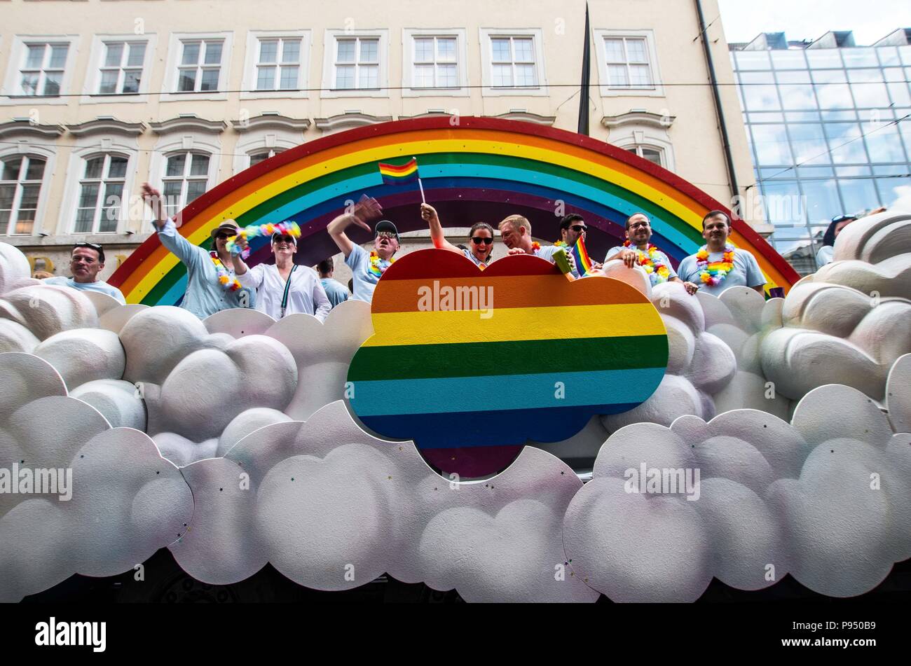 Munich, Bavaria, Germany. 14th July, 2018. Under the banner of 'Bunt ist die neue weiss blau'' (diverse-colorful is the new white blue) and capping off nine days of Pride Week, a record-breaking 134 groups and thousands of supporters marched over 4.5km in Munich's yearly Christopher Street Day parade. Despite being in the middle of an increasingly right-conservative CSU controlled Bavaria, the parade has seen increasing numbers of participants. Credit: Sachelle Babbar/ZUMA Wire/Alamy Live News Stock Photo