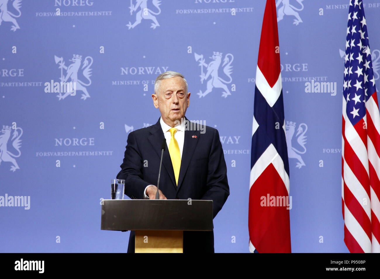 Oslo, Norway. 14th July, 2018. U.S. Secretary of Defense James Mattis attends a joint press conference with Norwegian Minister of Defence Frank Bakke-Jensen (not seen in picture) in Oslo, Norway, July 14, 2018. Norway on Saturday reconfirmed its commitment to gradually increase defense spending to two percent of GDP in the North Atlantic Treaty Organization (NATO) during a visit by U.S. Secretary of Defense James Mattis to the Nordic country. Credit: Liang Youchang/Xinhua/Alamy Live News Stock Photo