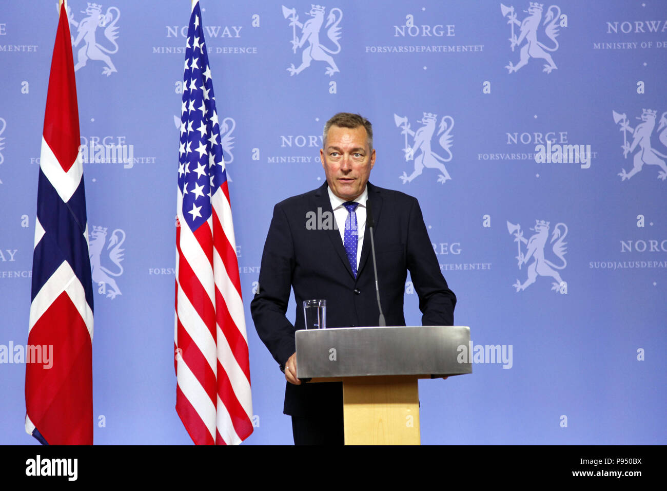 Oslo, Norway. 14th July, 2018. Norwegian Minister of Defence Frank Bakke-Jensen attends a joint press conference with U.S. Secretary of Defense James Mattis (not seen in picture) in Oslo, Norway, July 14, 2018. Norway on Saturday reconfirmed its commitment to gradually increase defense spending to two percent of GDP in the North Atlantic Treaty Organization (NATO) during a visit by U.S. Secretary of Defense James Mattis to the Nordic country. Credit: Liang Youchang/Xinhua/Alamy Live News Stock Photo