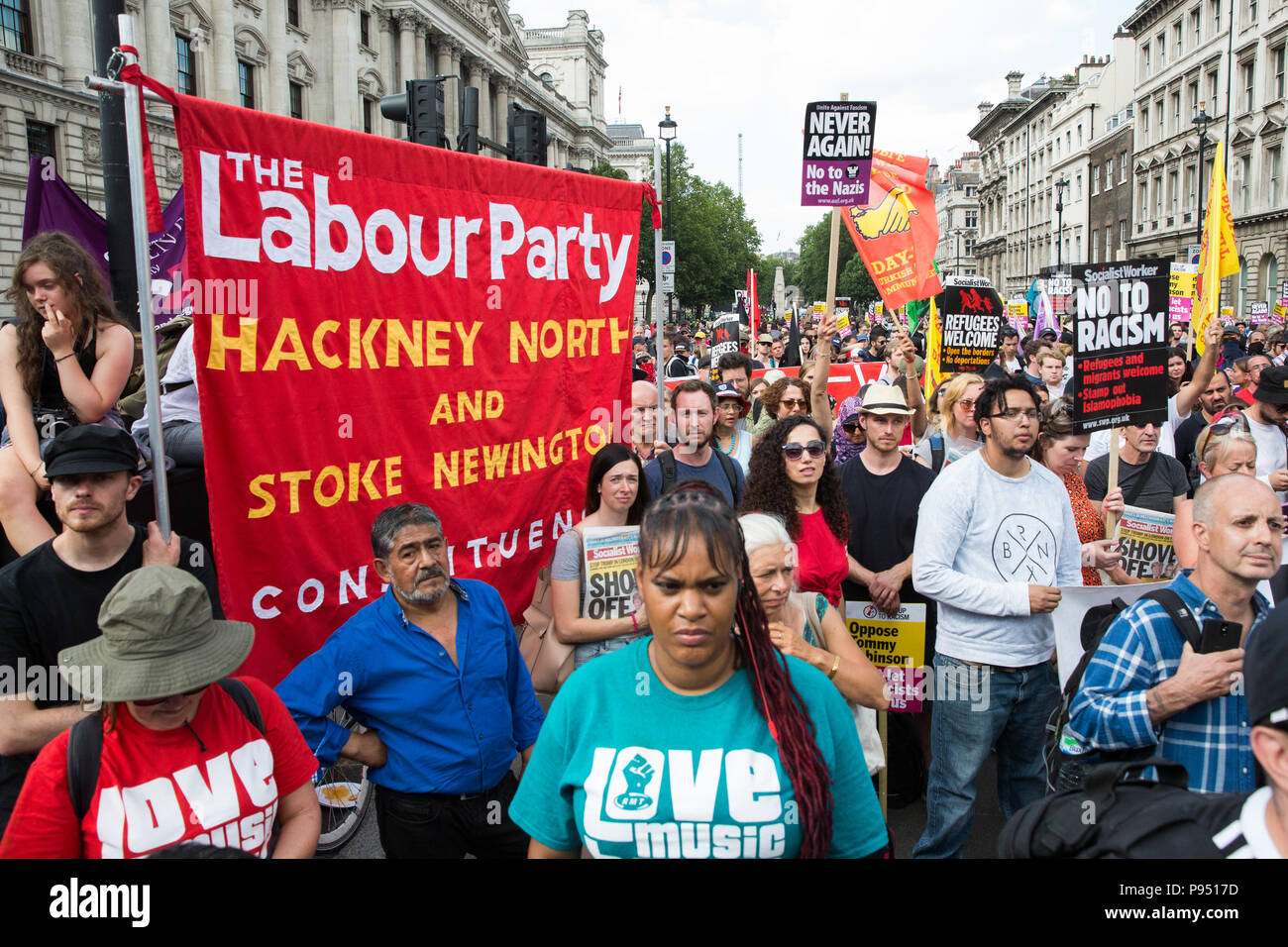 London, UK. 14th July, 2018. Anti-racists attend a Unity rally organised by Stand Up To Racism in protest against the Free Tommy march by supporters of former English Defence League leader Tommy Robinson and against the visit to the UK by US President Donald Trump. Credit: Mark Kerrison/Alamy Live News Stock Photo
