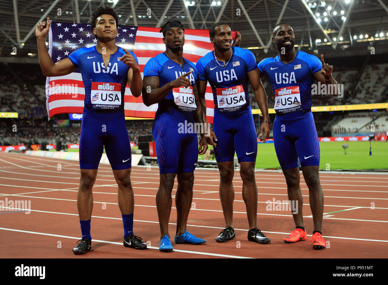 USA's 4x100m relay team of Jeffrey Demps, Obi Ogbokwe, Kendall Williams and Cameron Burrell pose after the men's 4x100m relay. Athletics World Cup 2018 , day 1 at the London Stadium in Queen Elizabeth Olympic Park, Stratford on Saturday 14th July 2018. the inaugural event features eight nations; USA, GB & NI, Poland, China, Germany, France, Jamaica and South Africa.  this image may only be used for Editorial purposes. Editorial use only,  pic by Steffan Bowen/Andrew Orchard sports photography/Alamy Live news Stock Photo