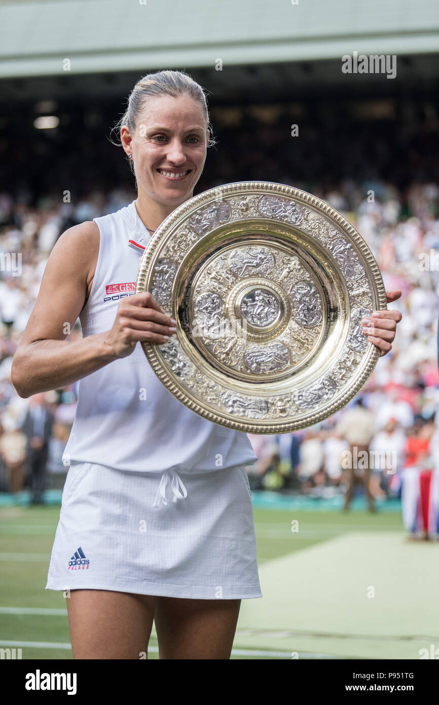 14 July 2018. The Wimbledon Tennis Championships 2018 held at The All  England Lawn Tennis and Croquet Club, London, England, UK. Ladies' Singles  Final on Cenrtre Court. Angelique Kerber (blonde hair) v