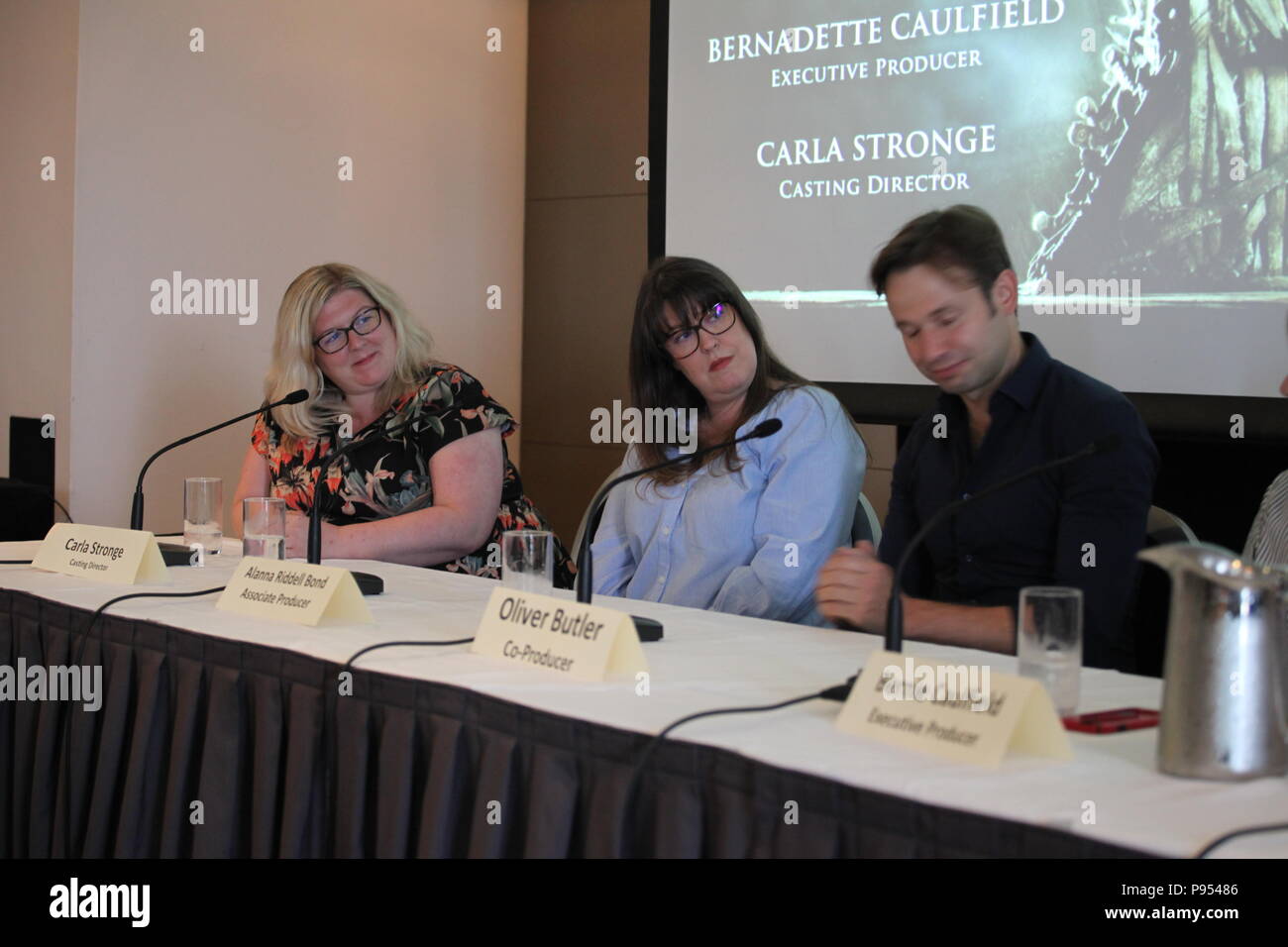 Galway, Ireland. 14th July 2018. Casting Director Carla Stronge, Associate  Producer Alanna Riddell Bond, Co-Producer Oliver Butler, at the ÕThe Game  Of Thrones EffectÕ Panel Discussion at the Galway Film Fleadh, The
