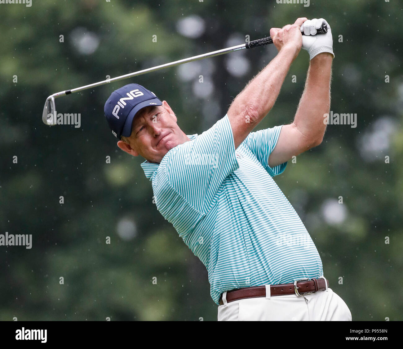 Chicago, USA. 14th July, 2018. Jeff Maggert tees off the 8th hole during the third round of Constellation Senior Players Championship golf tournament at Exmoor Country Club on the PGA Tour Champions in Highland Park, Chicago, the United States, on July 14, 2018. Credit: Joel Lerner/Xinhua/Alamy Live News Stock Photo