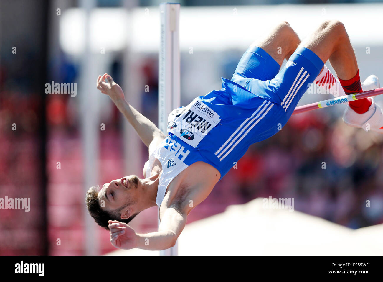 (180715) -- TAMPERE, July 15, 2018 (Xinhua) -- Antonios Merlos of Greece competes during the Men's High Jump Final at the IAAF World U20 Championships in Tampere, Finland, on July 14, 2018. Antonios Merlos won the gold medal with 2.23 meters. Stock Photo