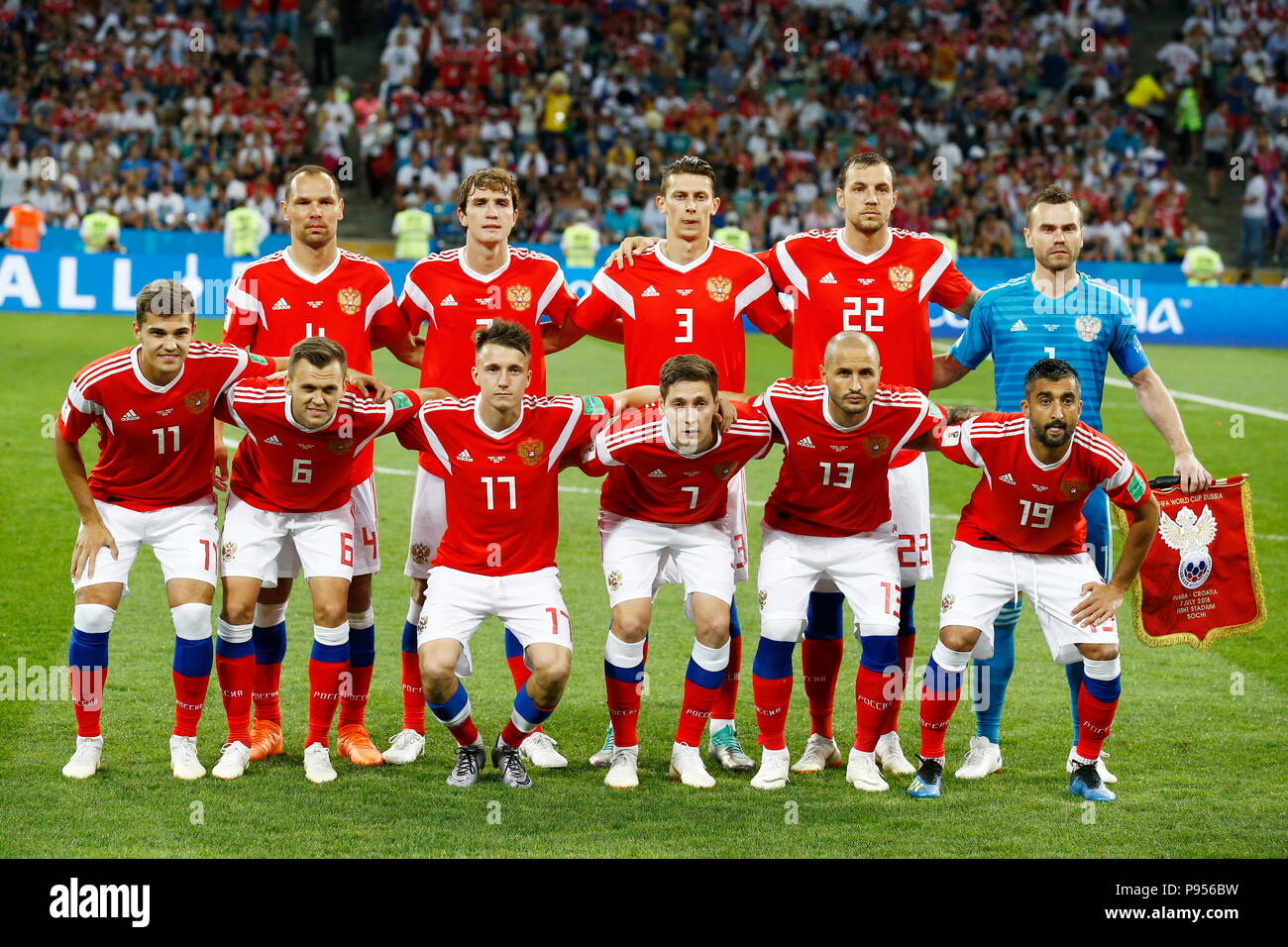 Sochi, Russia. 7th July, 2018. Russia team group line-up (RUS)  Football/Soccer : FIFA World Cup Russia 2018 match between Russia 2-2  Croatia at the Fisht Olympic Stadium in Sochi, Russia . Credit: